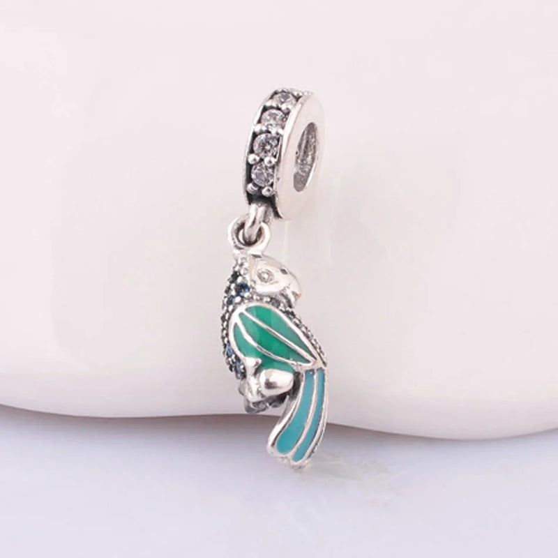 Tropical Parrot Dangle Charm Bracelet, Teal & Clear CZ Bead Silver DIY Jewelry
