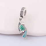 Tropical Parrot Dangle Charm Bracelet, Teal & Clear CZ Bead Silver DIY Jewelry