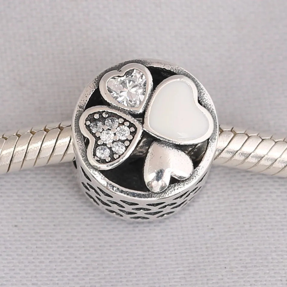 Vintage Silver Heart Clover Charm Bracelet for Women