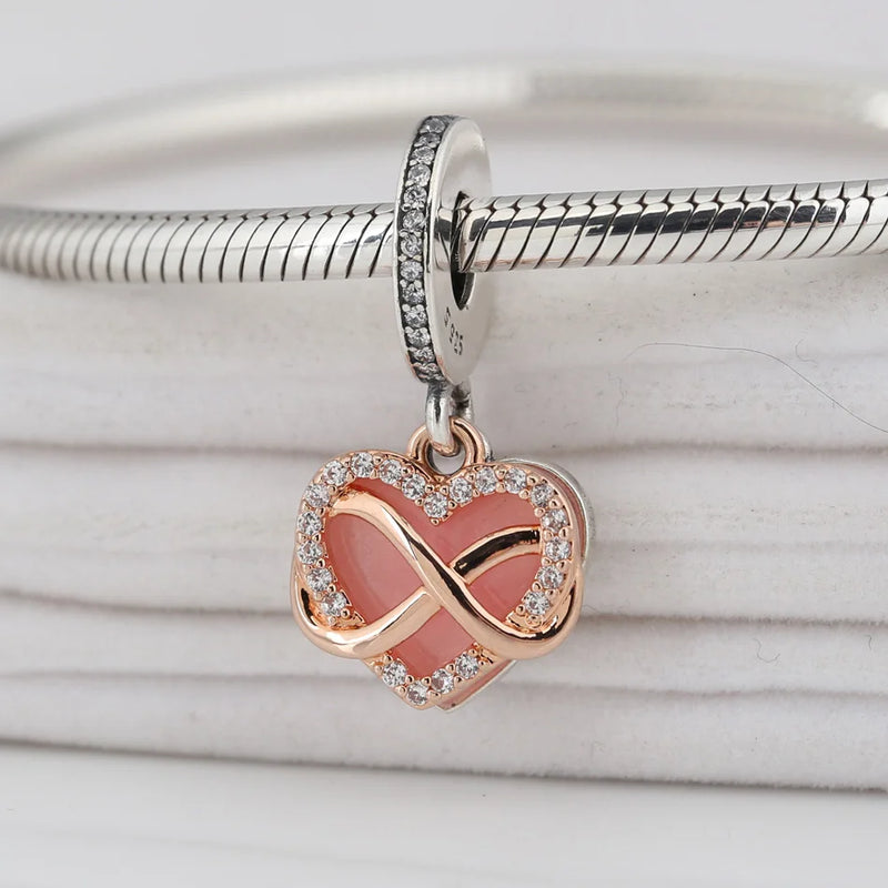 Pink Enamel Heart Family Forever Dangle Charm for Bracelet & Bangle