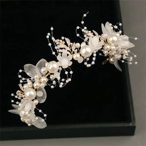 Pearl Crystal Bridal Headband Flower Wreath Wedding Garland
