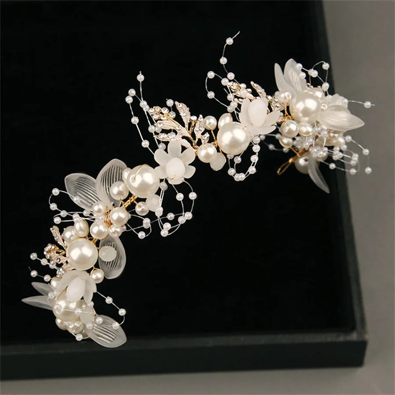 Pearl Crystal Bridal Headband Flower Wreath Wedding Garland