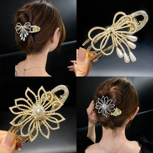 Girls Flowers Hair Clips Pearl Rhinestone Large Duckbill Claw Clip