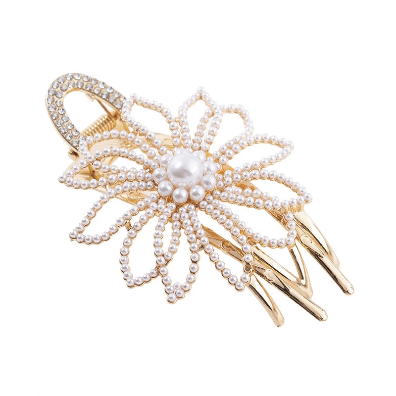 Girls Flowers Hair Clips Pearl Rhinestone Large Duckbill Claw Clip