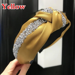 Rhinestone Hairband Women Wide Headband Middle Knot Turban