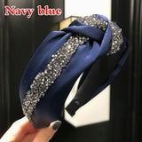 Rhinestone Hairband Women Wide Headband Middle Knot Turban