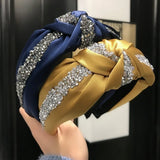 Rhinestone Hairband Women Wide Headband Middle Knot Turban
