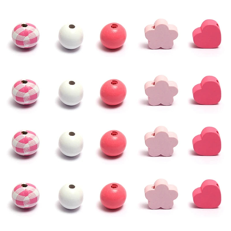Pink Flowers Wooden Beads DIY Bracelet Accessories
