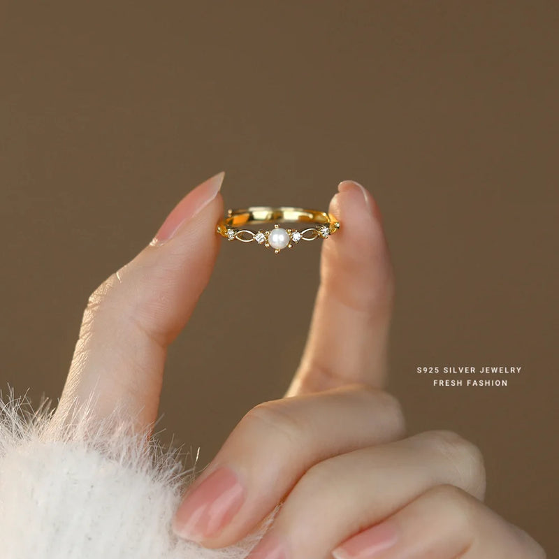 925 Silver French Shell Pearls Ring for Women Wedding Party