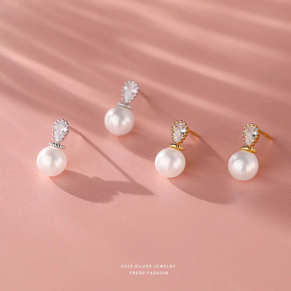 925 Sterling Silver Shell Pearl Zircon Stud Earrings Gift