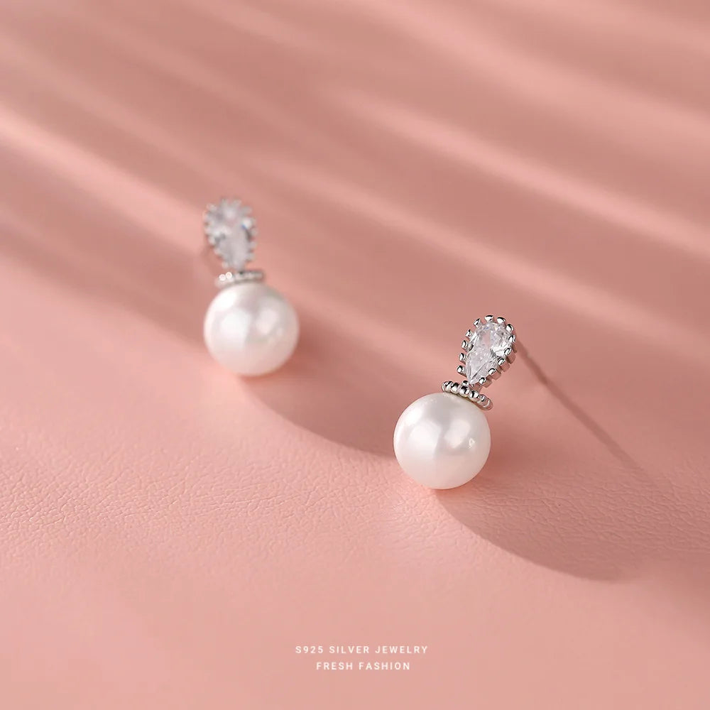 925 Sterling Silver Shell Pearl Zircon Stud Earrings Gift