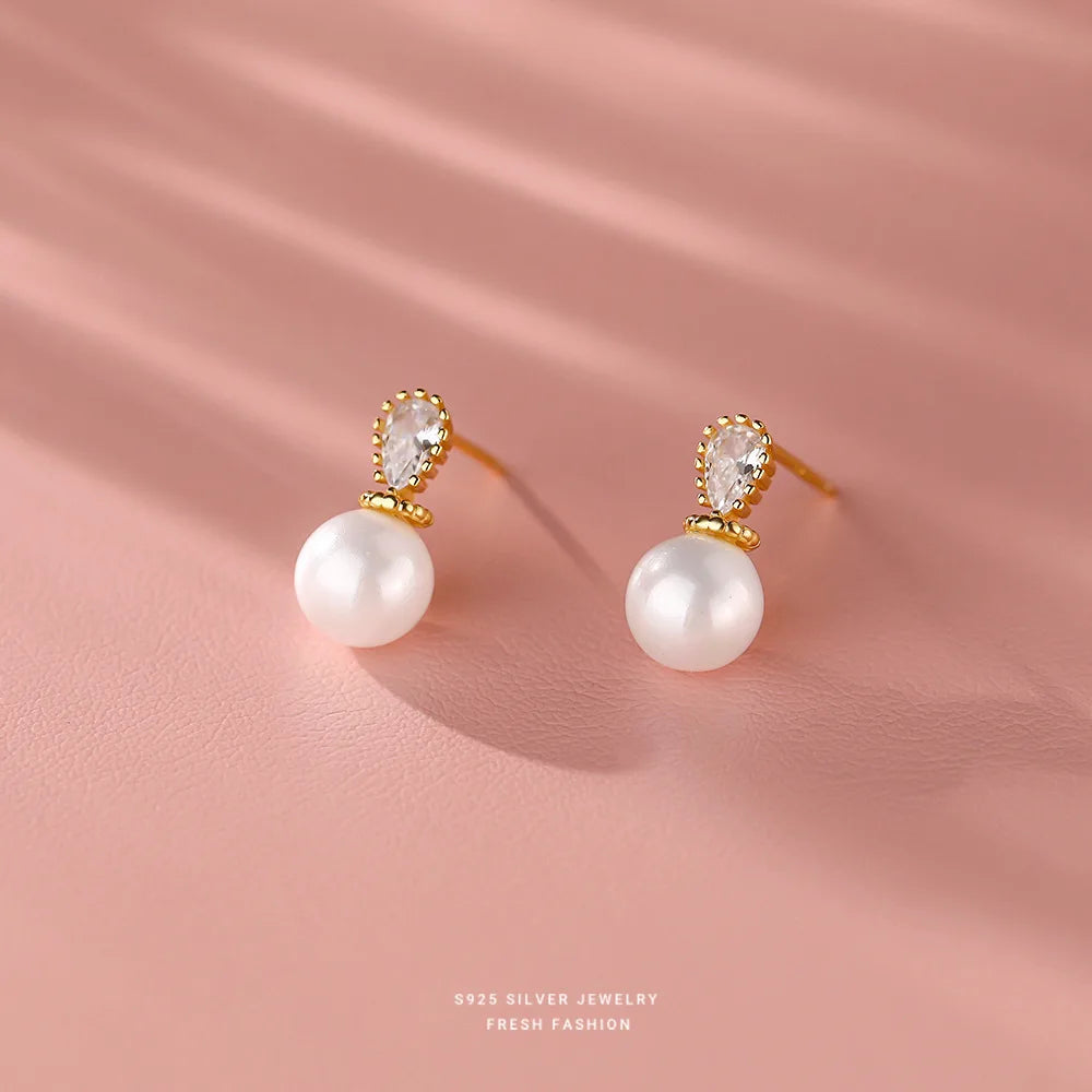925 Sterling Silver Shell Pearl Zircon Stud Earrings Gift