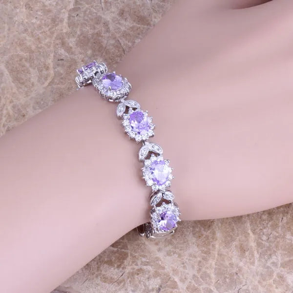 Purple CZ Silver Plated Chain Bracelet 7 inch