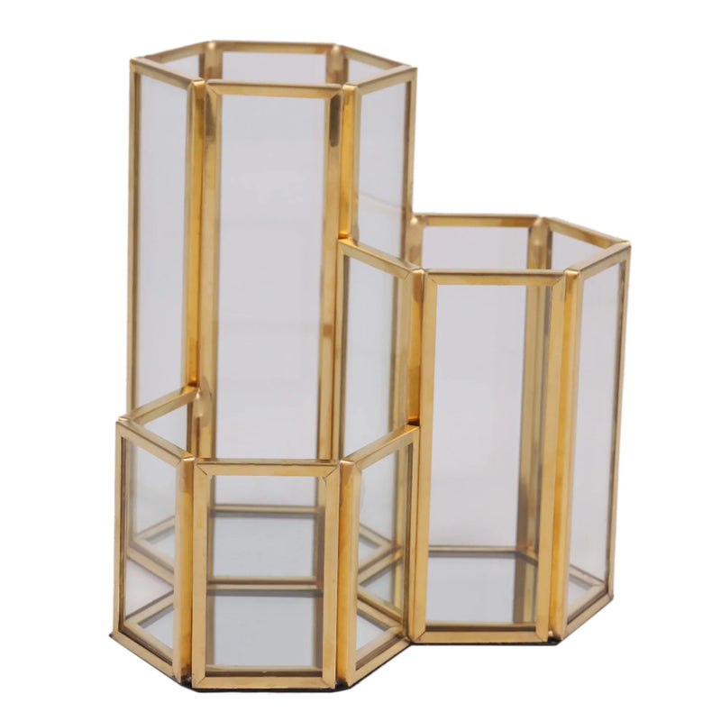 Glass Copper Hexagon Pen Holder Makeup Brush Box Desktop Organizer