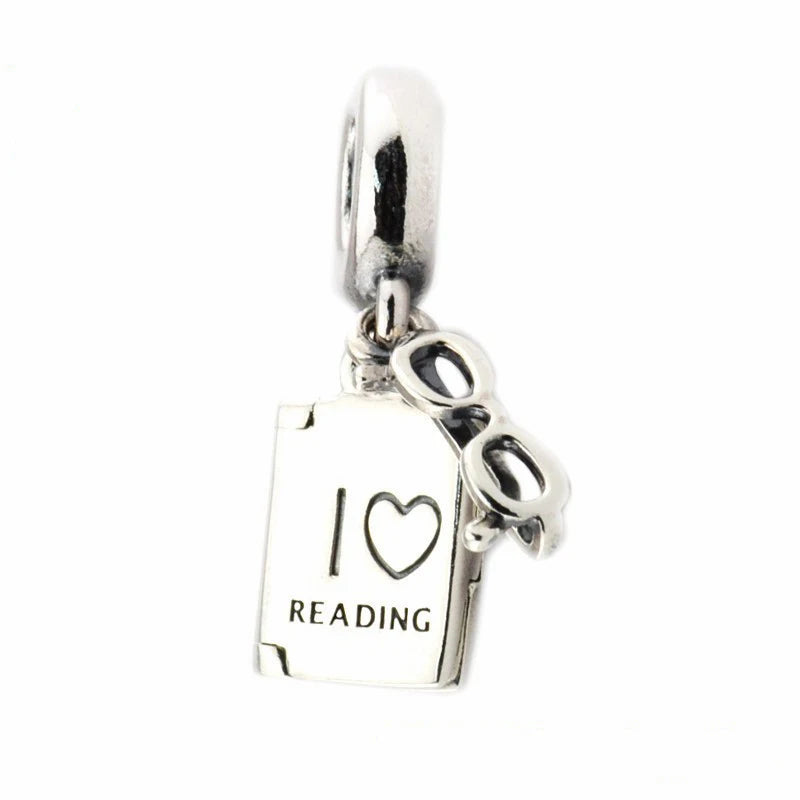 Heart Book Glasses Charm Bead 925 Silver for Bracelet
