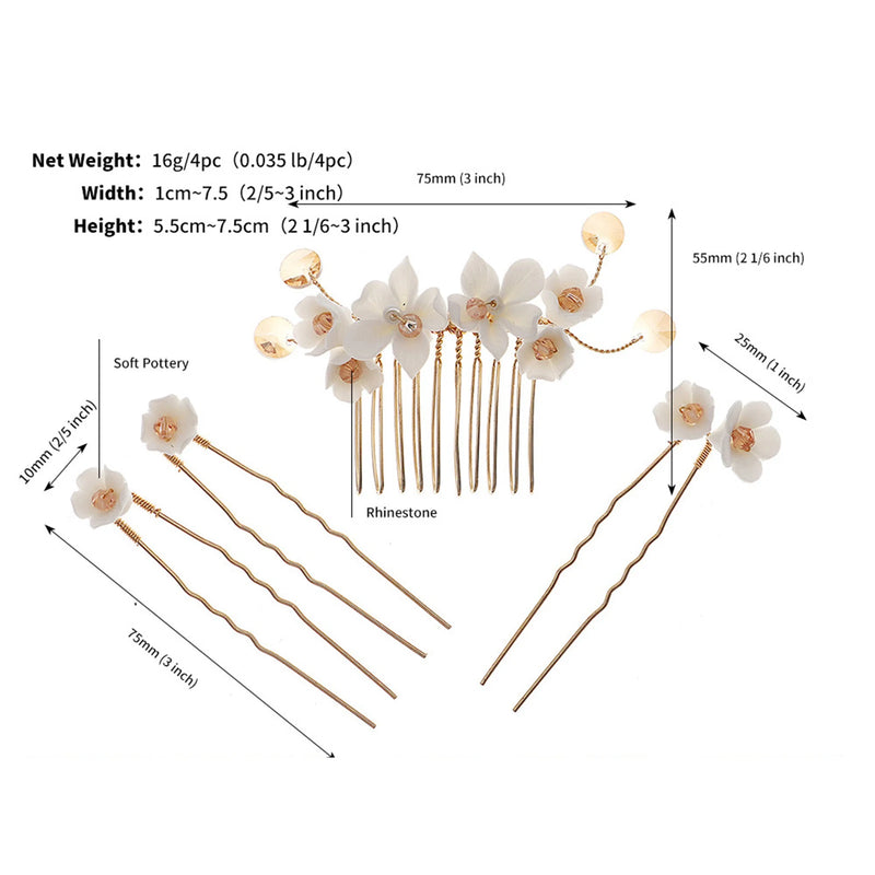 Glazed Flower Hairpin Hair Clips Set for Women, Pearl Wedding Tiaras