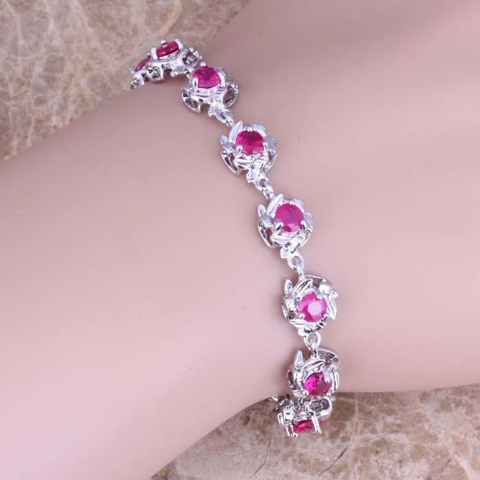 Red Cubic Zirconia Chain Bracelet 7-8 inch