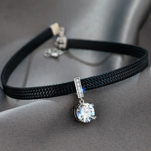 Glitter Zircon Geometric Pendant Choker Leather Short Necklace