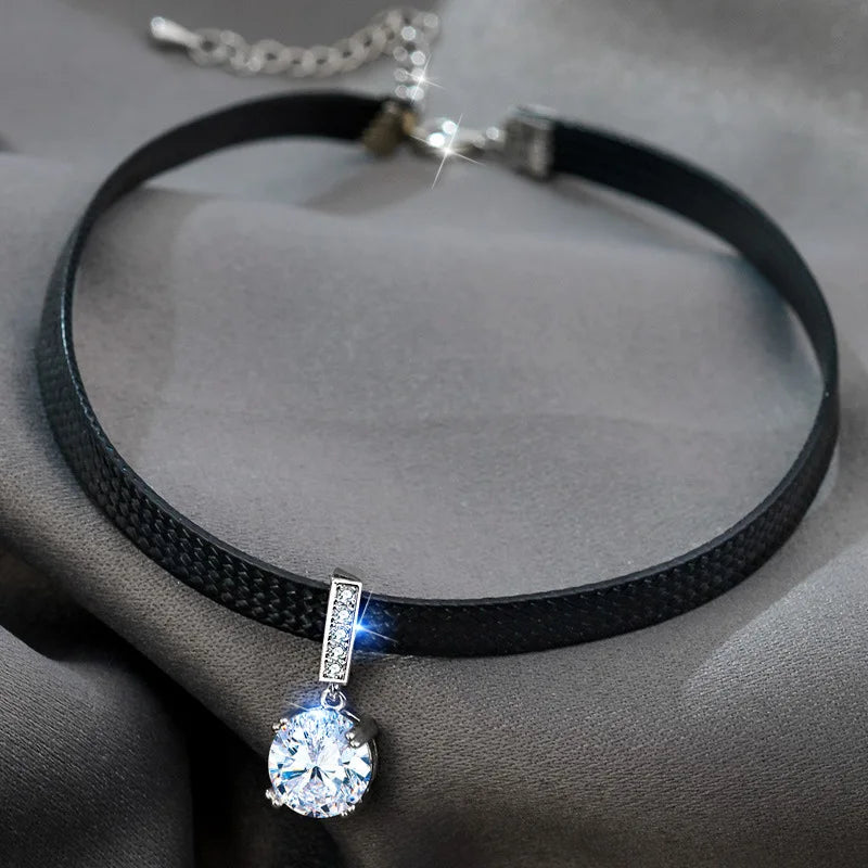 Glitter Zircon Geometric Pendant Choker Leather Short Necklace