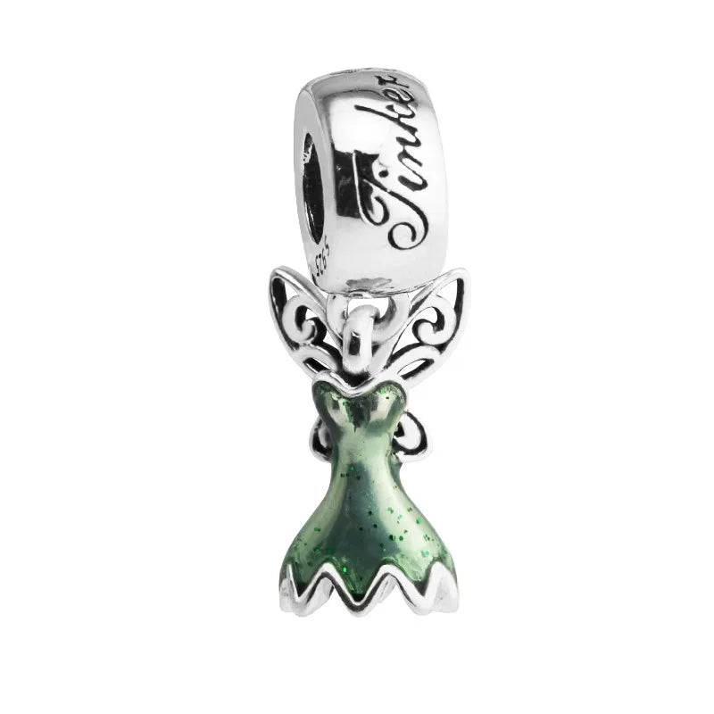 Green Enamel Fairytale Wings Dangle Silver Charms for Bracelets DIY Jewelry