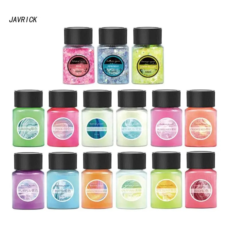 15 Pots 12 Colors Glow Powder & 3 Colors Glow Flakes - Epoxy Glow Powder