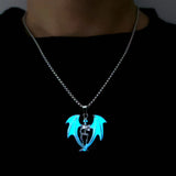 Glowing Bat Wing Skeleton Necklace Stainless Steel Chain Demon Amulet