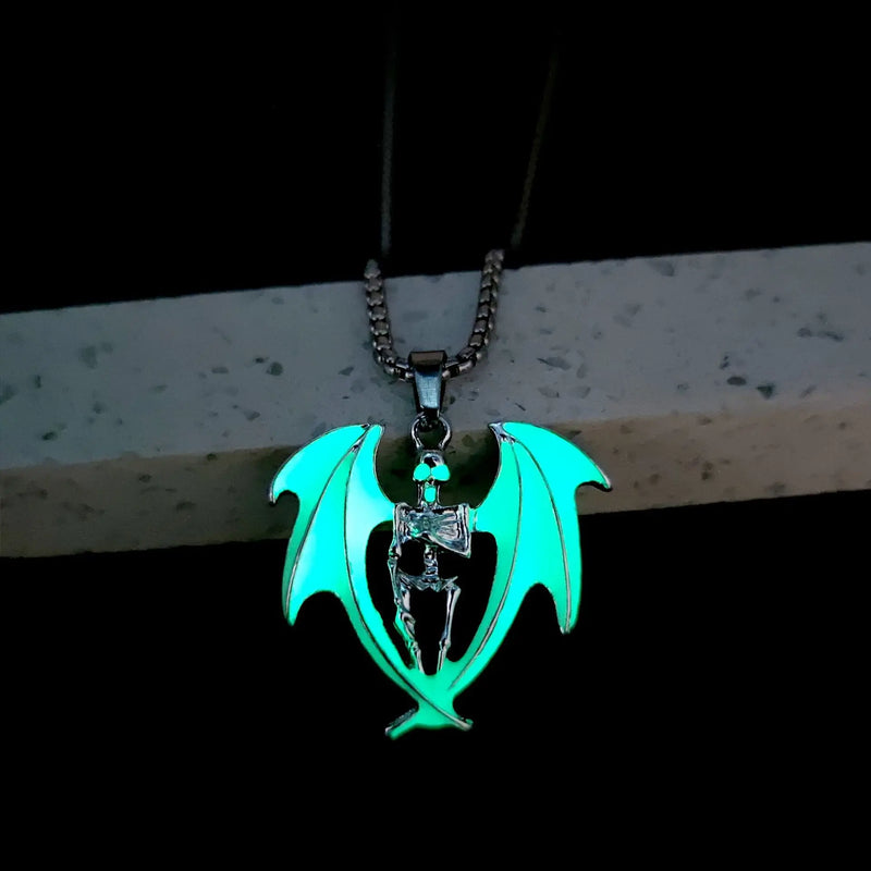 Glowing Bat Wing Skeleton Necklace Stainless Steel Chain Demon Amulet