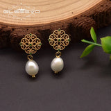 925 Silver Natural Pearls Hollow Jade Lace Drop Earrings Women Geometric Jewelry