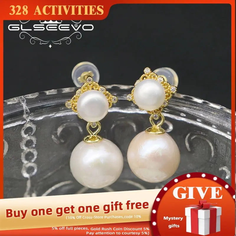 Glseevo Freshwater Pearl Silver Zircon Pendant Earrings GE1074