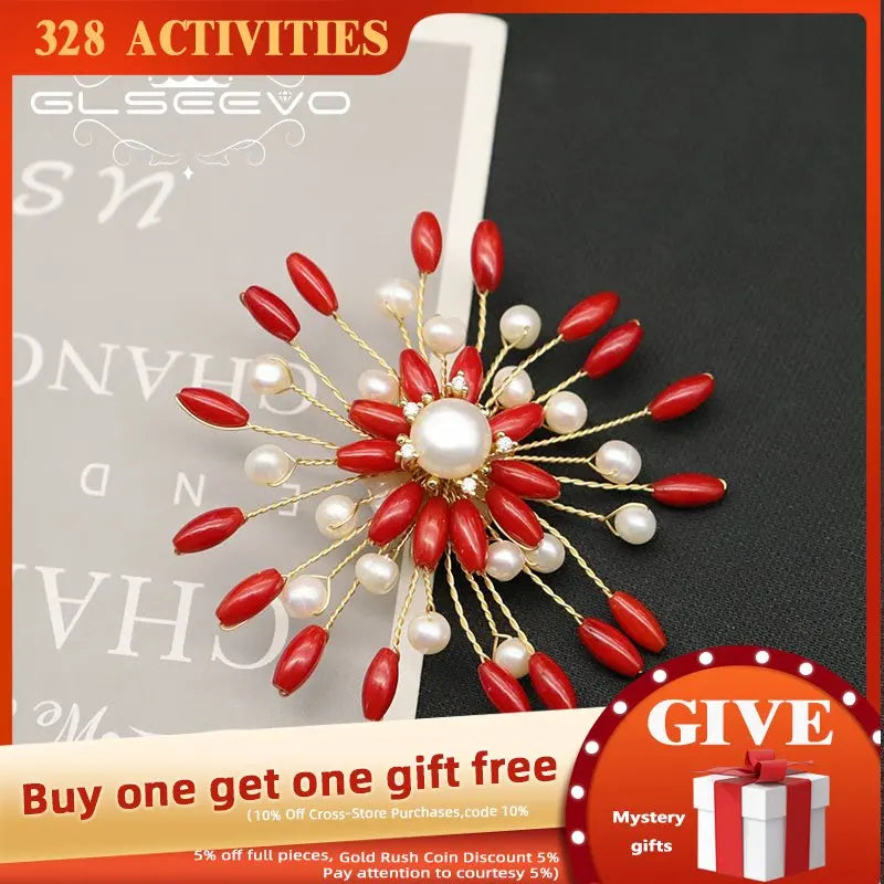 Natural Freshwater Pearls brooch pins coral red GO0399