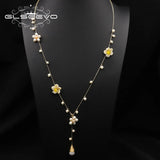 Glseevo Pearl Flower Long Chain Necklace Asymmetrical Minimalism Sweater Chain