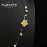 Glseevo Pearl Flower Long Chain Necklace Asymmetrical Minimalism Sweater Chain