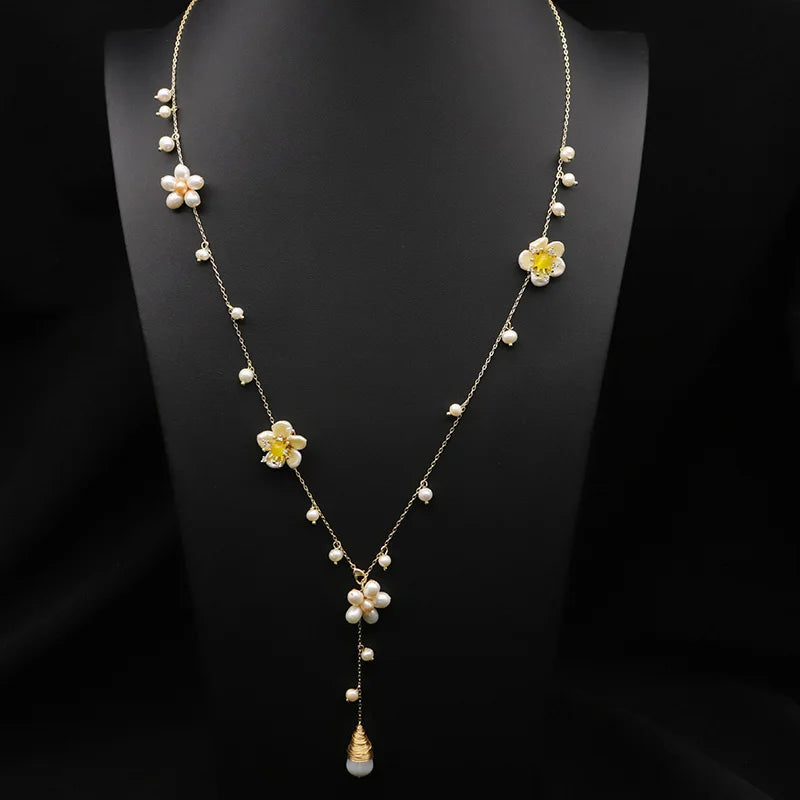 Glseevo Pearl Flower Long Chain Necklace Asymmetrical Minimalism Sweater Chain