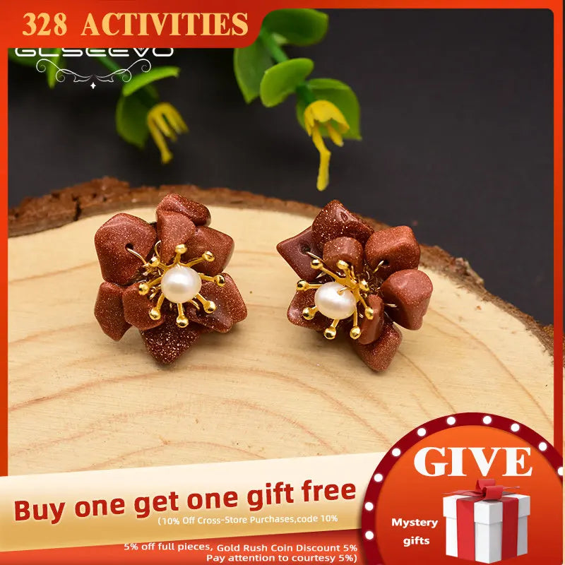 Glseevo Golden Sandstone Pearl Earrings S925 Silver Flower Jewelry