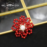 Natural Pearl Coral Flower Round Red Brooch GO0397A