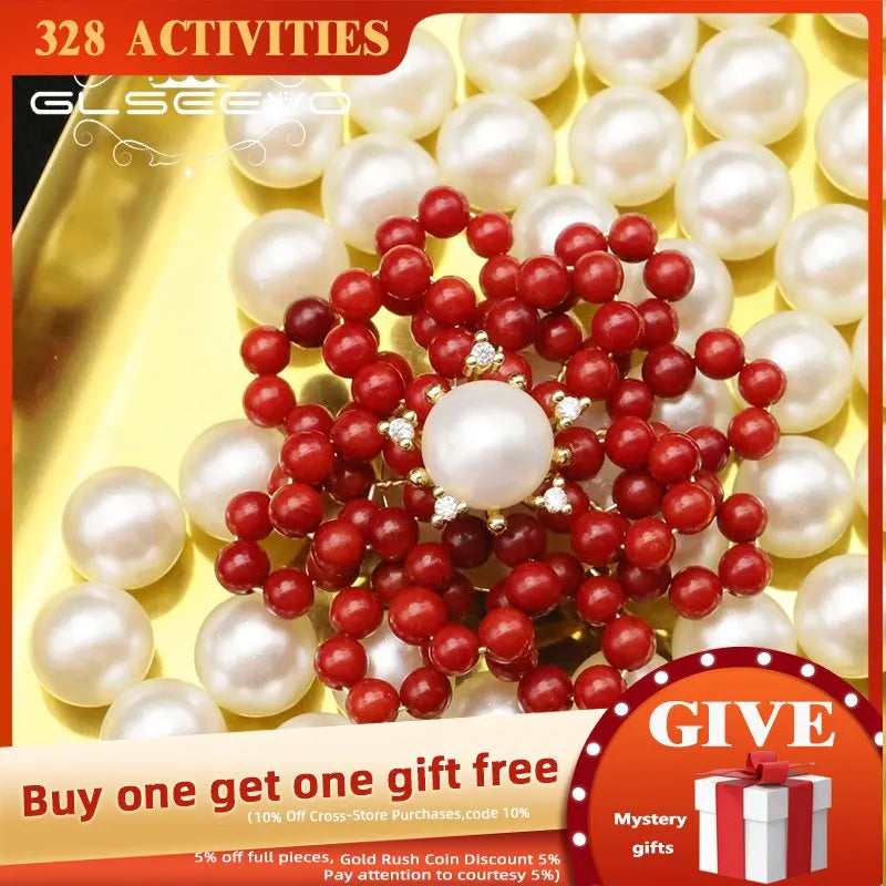 Natural Pearl Coral Flower Round Red Brooch GO0397A