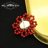 Natural Pearl Coral Flower Round Red Brooch GO0397A