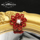 Natural Pearl Coral Flower Round Red Brooch GO0397A