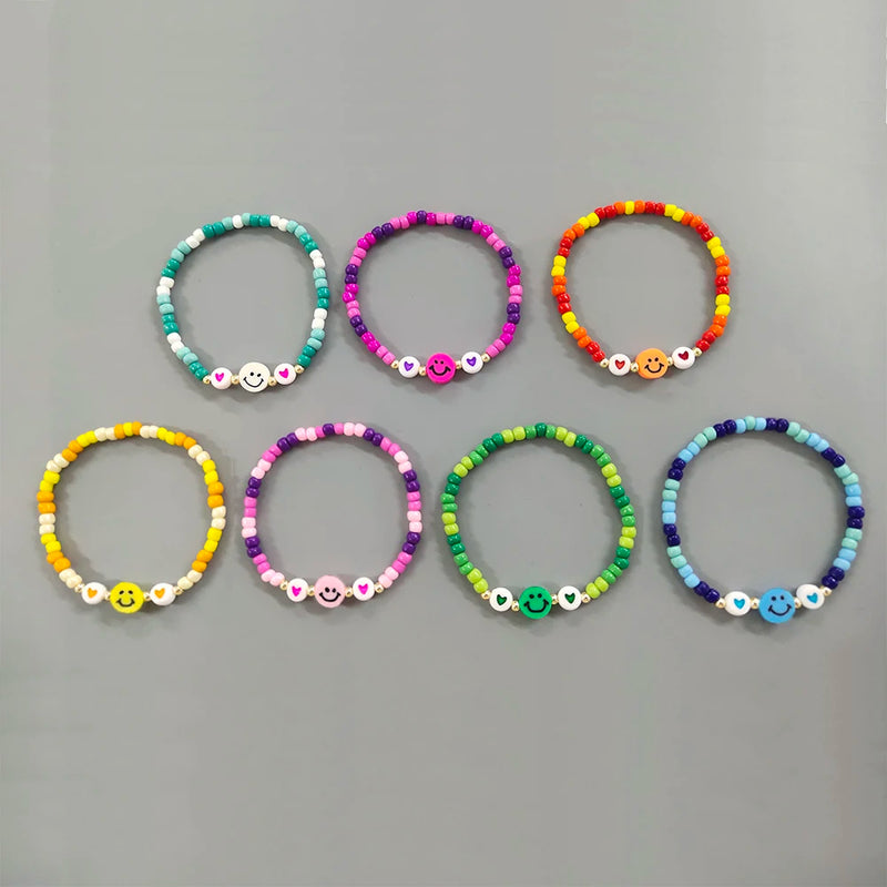 Go2BoHo 7pcs Smiley Face Bracelet Colorful Seed Beads Heart Beaded Bracelets