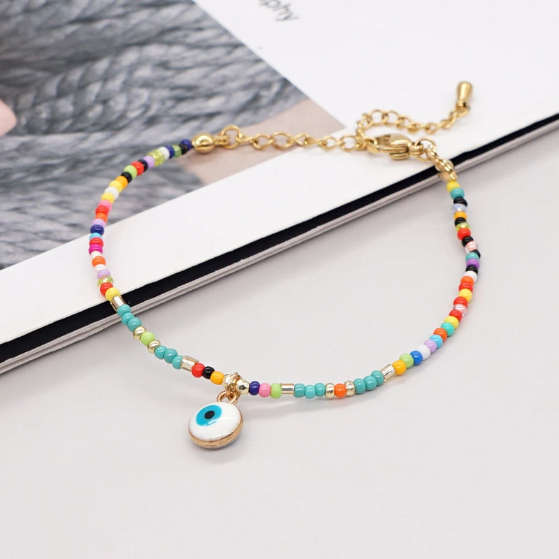 Go2BoHo Evil Eye Charm Bracelet Stainless Steel Multicolor Beaded Bracelet