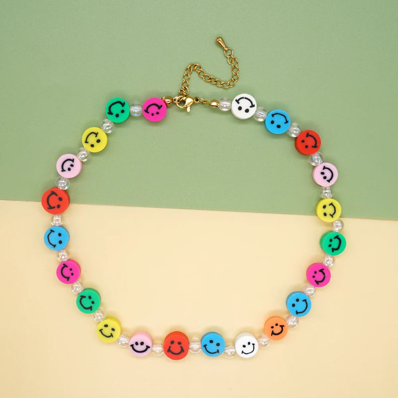 Go2BoHo Smiley Necklace Multicolor Crystal Beads Boho Clay Happy Smile Jewelry