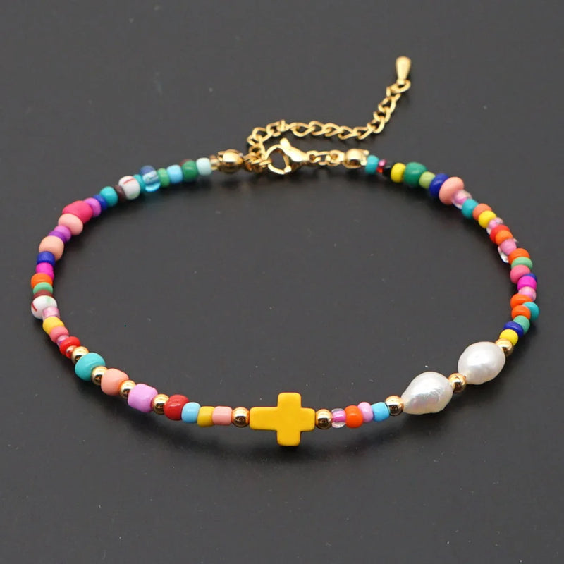 Boho Rainbow Anklet Freshwater Pearl Christ Cross Tobillera Beach