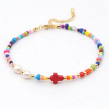 Boho Rainbow Anklet Freshwater Pearl Christ Cross Tobillera Beach