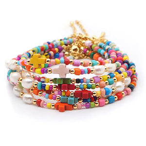 Boho Rainbow Anklet Freshwater Pearl Christ Cross Tobillera Beach