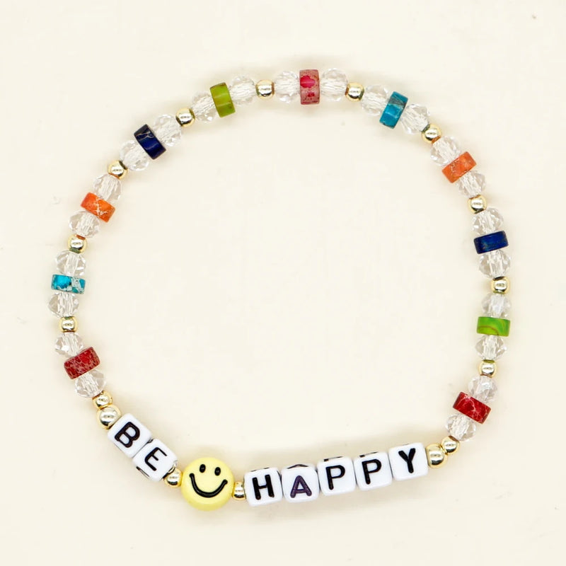 Smiley Natural Stone Beaded Bracelet Clear Crystal Funky Jewelry