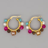 Bohemian Stone Beads Hoop Earrings Stainless Steel Circle