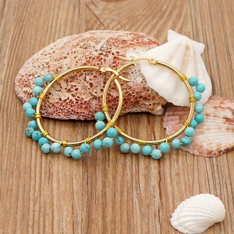 Boho Pearl Stone Hoop Earring Stainless Steel Circle Earrings