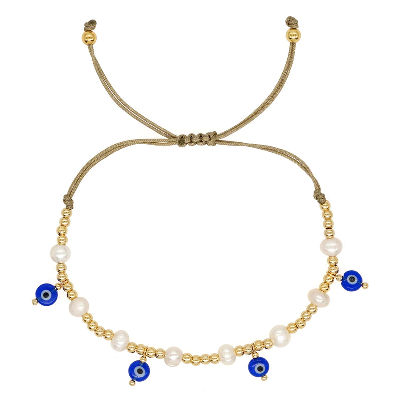 Go2boho Evil Eye Charm Bracelet 18K Plated Pearl Beaded Boho Jewelry Set