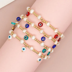 Go2boho Evil Eye Charm Bracelet 18K Plated Pearl Beaded Boho Jewelry Set