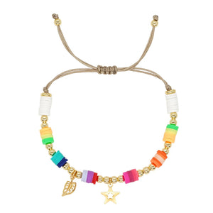Colorful Rainbow Boho Heishi Plated Star Leaf Charm Bracelet